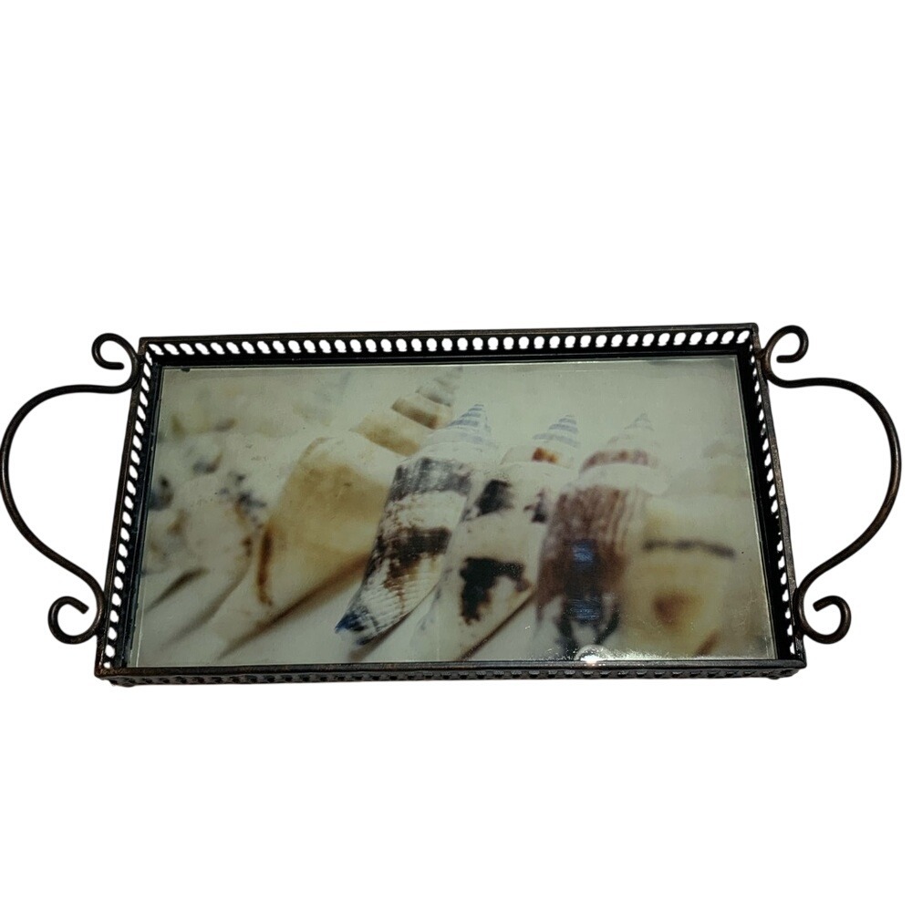 Antique Vanity Plateau Tray Shells Print Rod Iron W/Handles Perfume Jewelry Bath - Picture 1 of 9